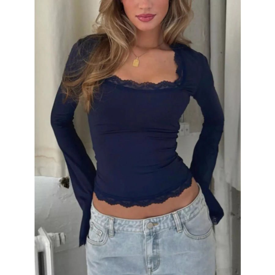 Lace Trim Long Sleeve T-Shirt Dark Blue / S Apparel and Accessories