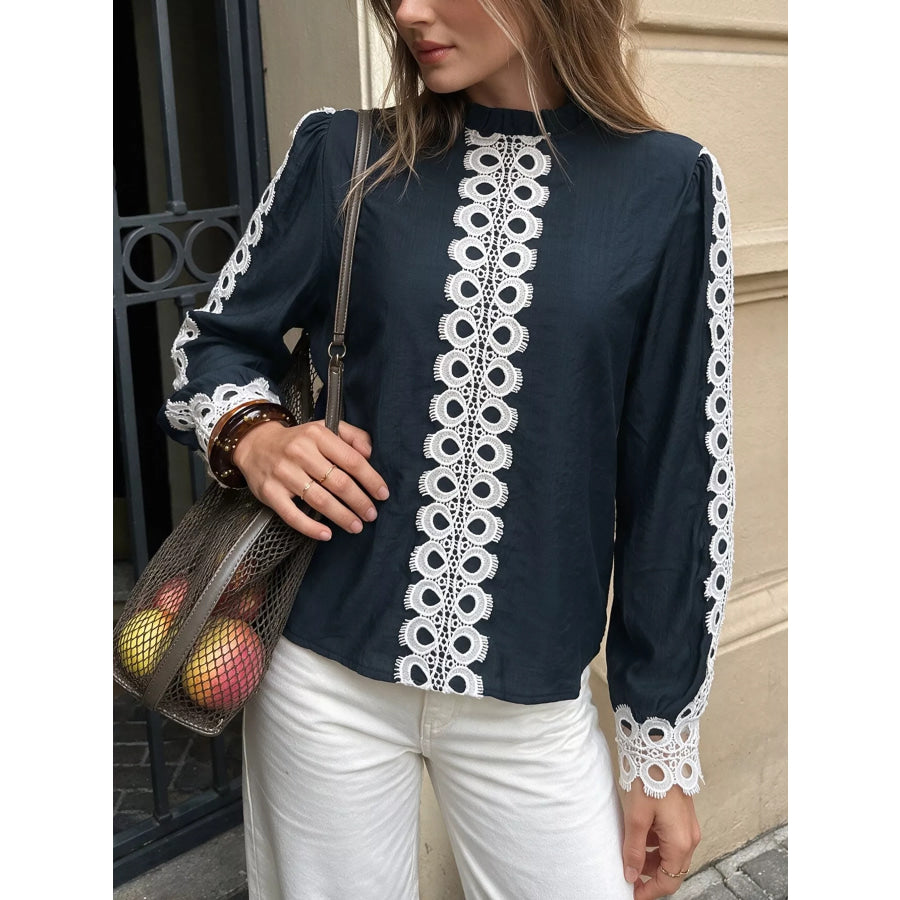 Lace Trim Long Sleeves Blouse Navy / S Apparel and Accessories