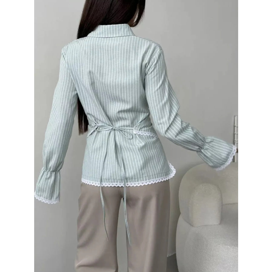Lace Trim Long Sleeves Striped Shirt Apparel and Accessories