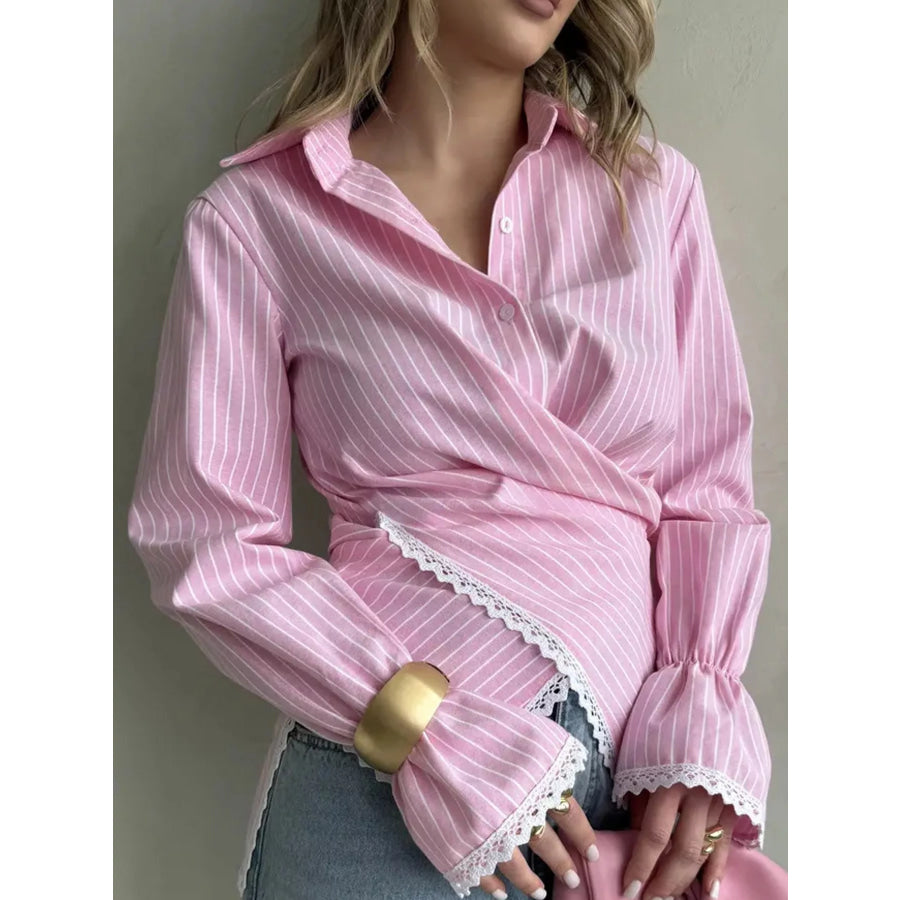 Lace Trim Long Sleeves Striped Shirt Apparel and Accessories