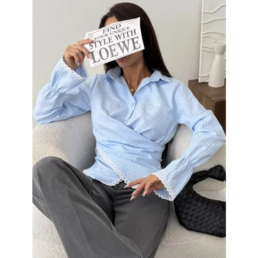 Lace Trim Long Sleeves Striped Shirt Apparel and Accessories