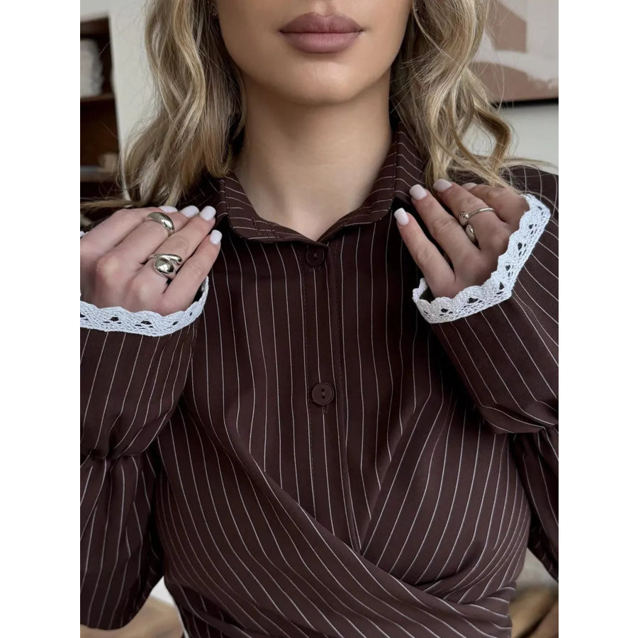 Lace Trim Long Sleeves Striped Shirt Apparel and Accessories
