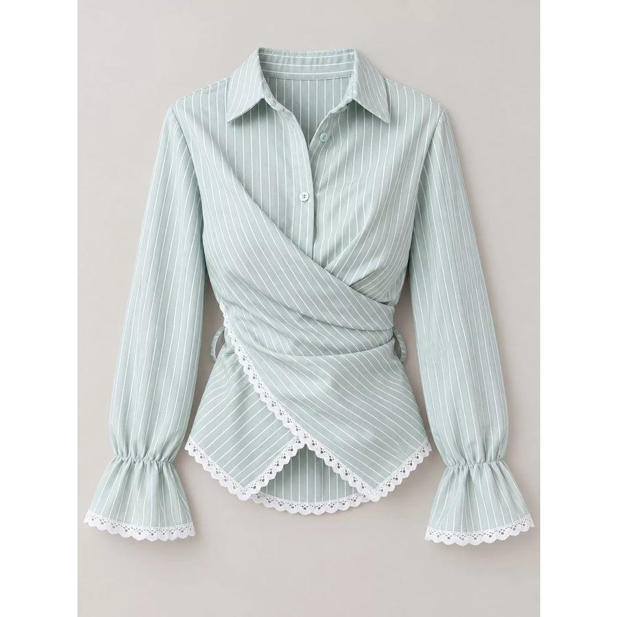 Lace Trim Long Sleeves Striped Shirt Apparel and Accessories