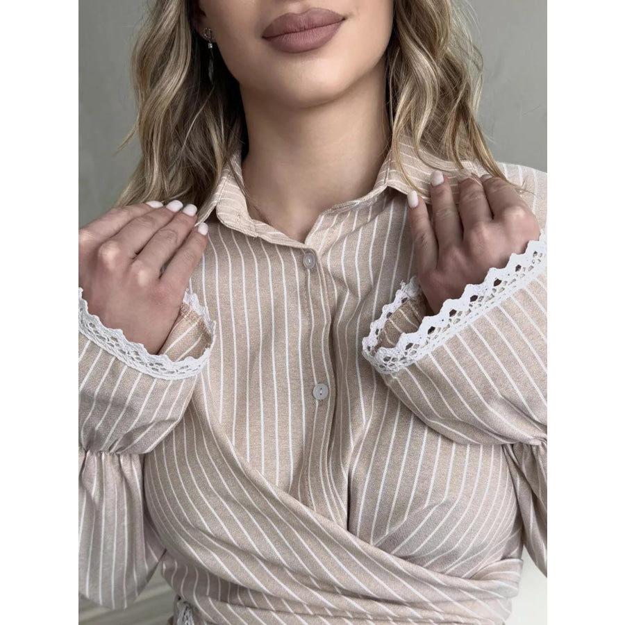 Lace Trim Long Sleeves Striped Shirt Apparel and Accessories
