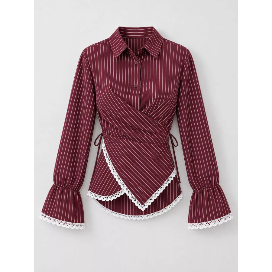 Lace Trim Long Sleeves Striped Shirt Apparel and Accessories