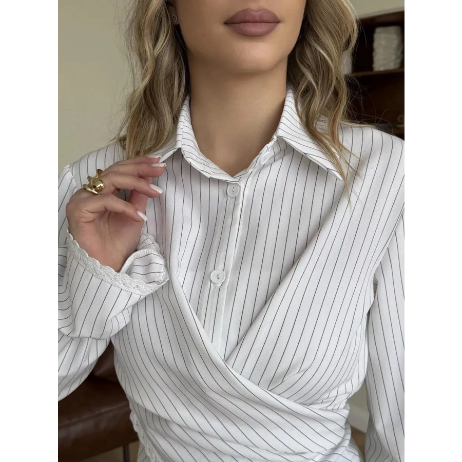 Lace Trim Long Sleeves Striped Shirt Apparel and Accessories