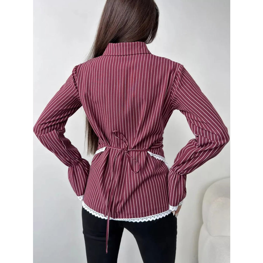 Lace Trim Long Sleeves Striped Shirt Apparel and Accessories