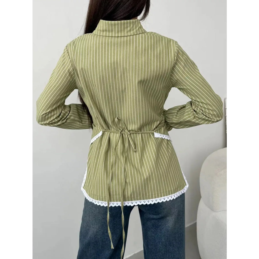 Lace Trim Long Sleeves Striped Shirt Apparel and Accessories