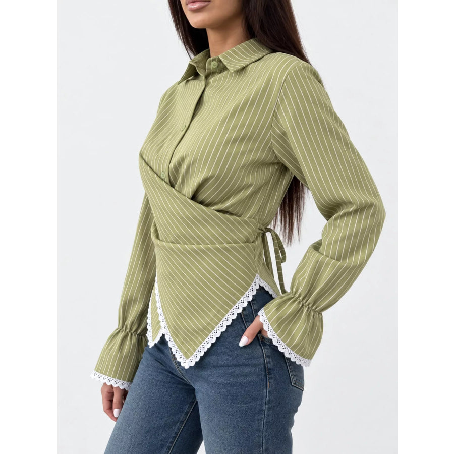 Lace Trim Long Sleeves Striped Shirt Apparel and Accessories