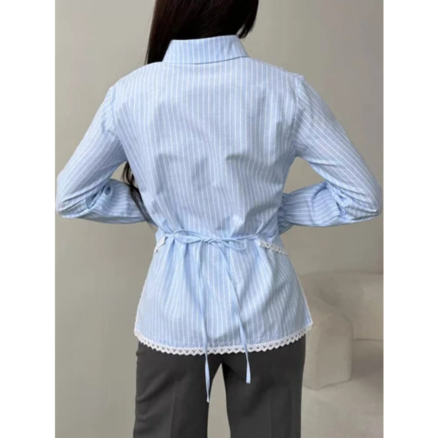 Lace Trim Long Sleeves Striped Shirt Apparel and Accessories