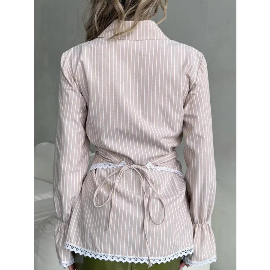 Lace Trim Long Sleeves Striped Shirt Apparel and Accessories