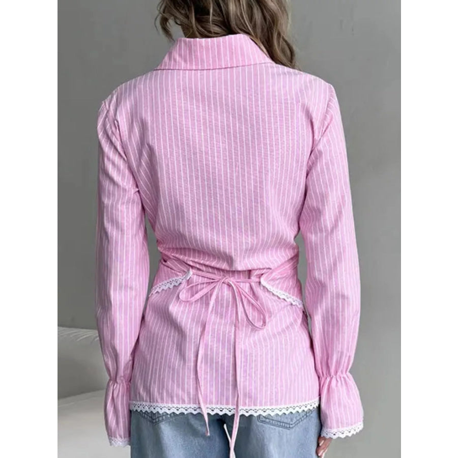Lace Trim Long Sleeves Striped Shirt Apparel and Accessories