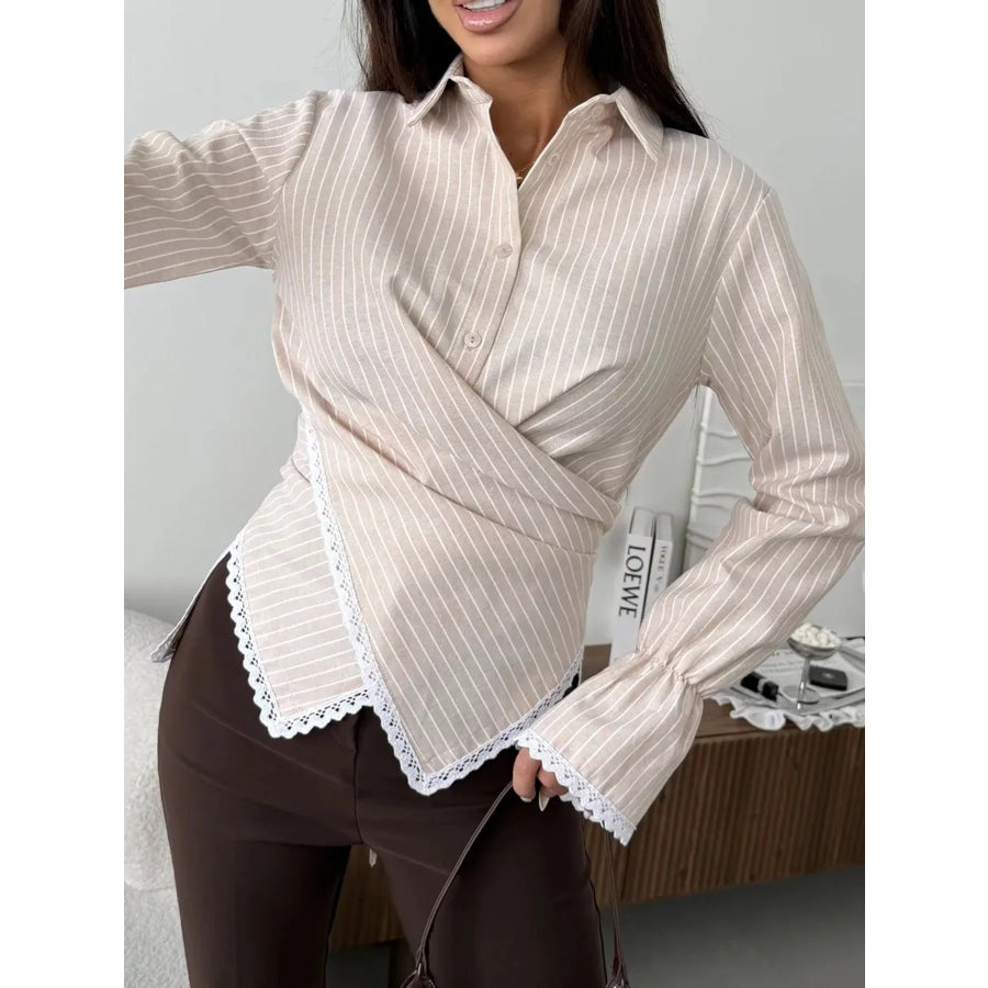 Lace Trim Long Sleeves Striped Shirt Apricot / S Apparel and Accessories