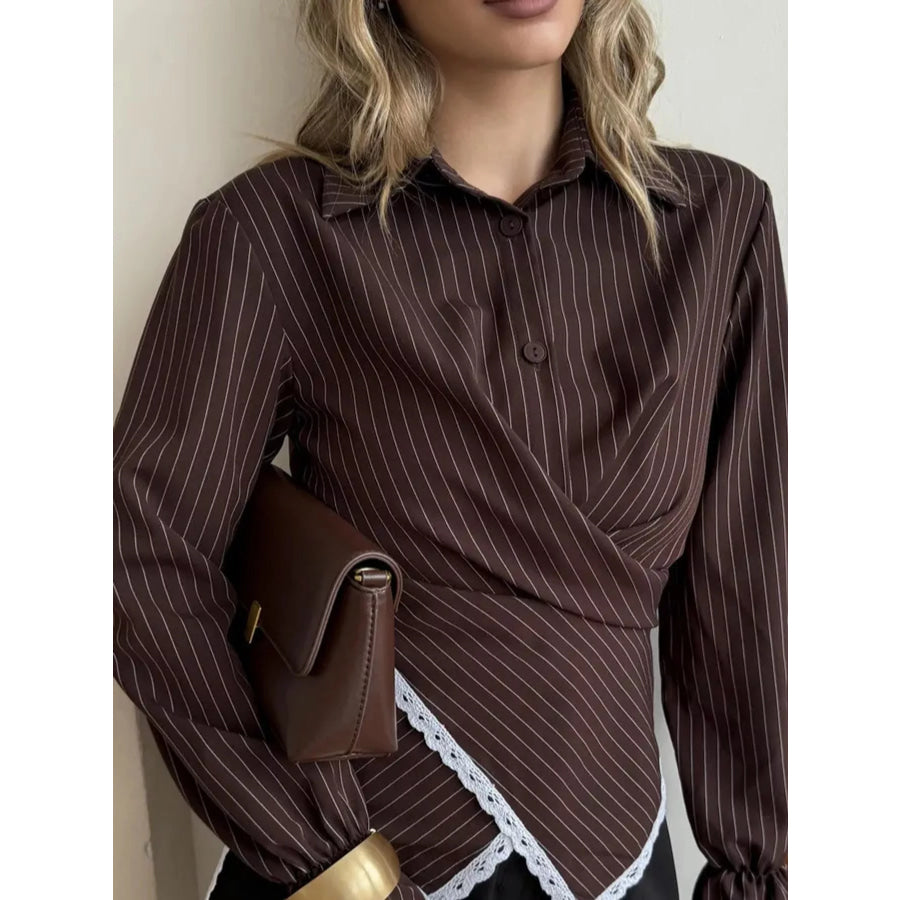 Lace Trim Long Sleeves Striped Shirt Coffee / S Apparel and Accessories