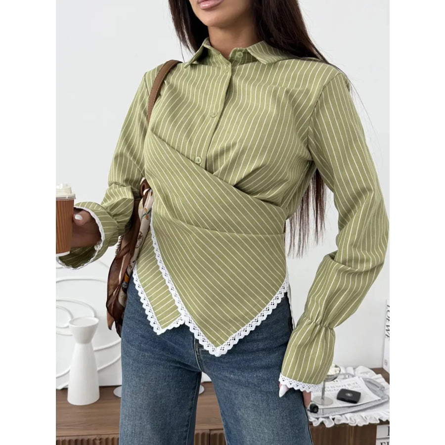Lace Trim Long Sleeves Striped Shirt Dark Green / S Apparel and Accessories