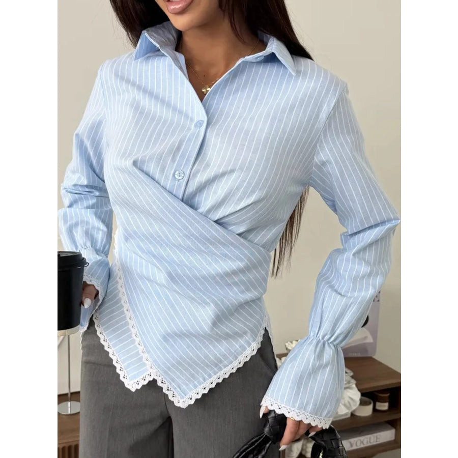 Lace Trim Long Sleeves Striped Shirt Light Blue / S Apparel and Accessories