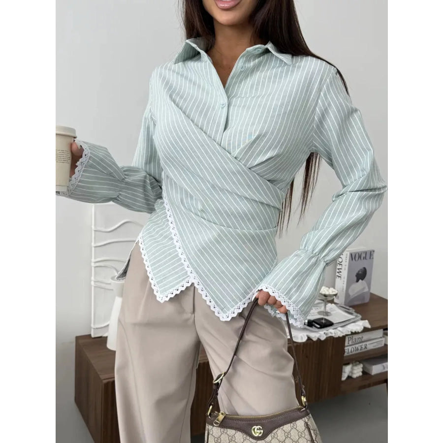 Lace Trim Long Sleeves Striped Shirt Light Green / S Apparel and Accessories