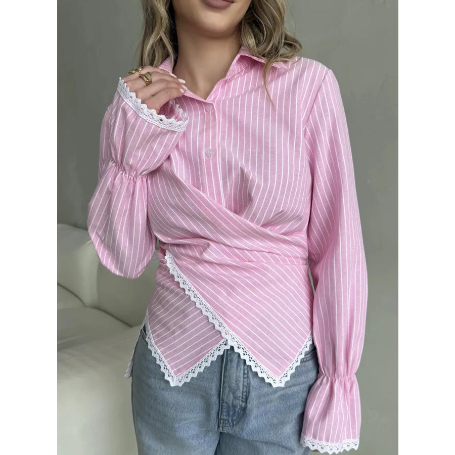 Lace Trim Long Sleeves Striped Shirt Pink / S Apparel and Accessories