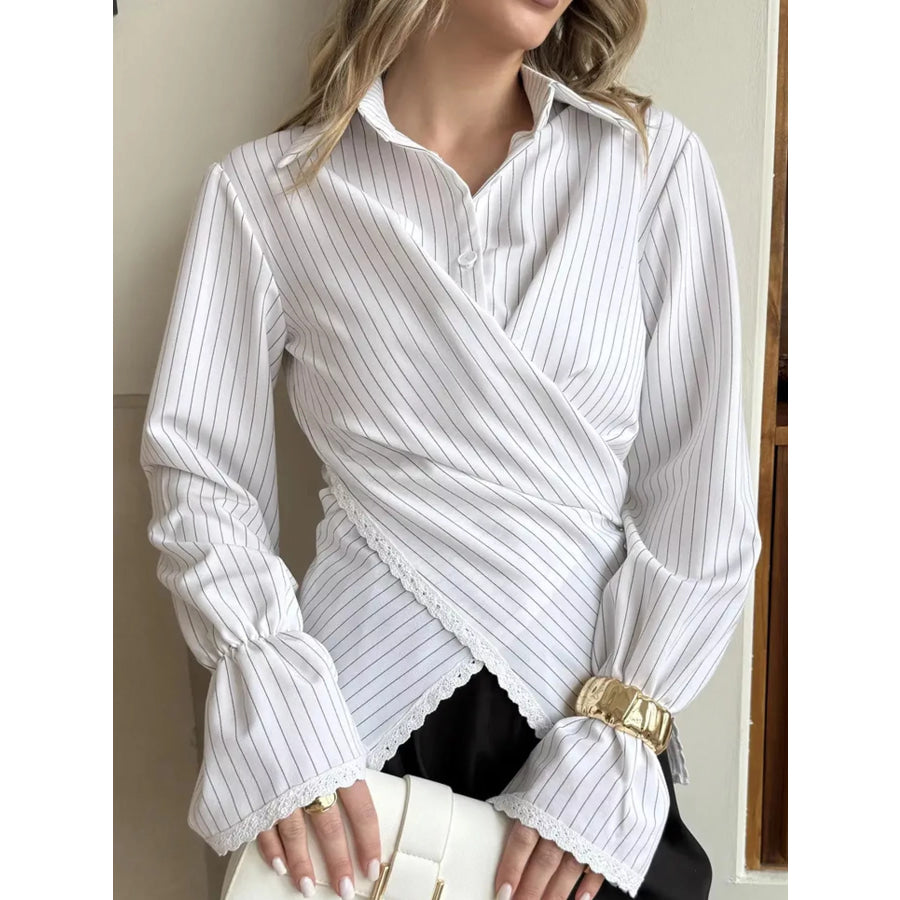Lace Trim Long Sleeves Striped Shirt White / S Apparel and Accessories