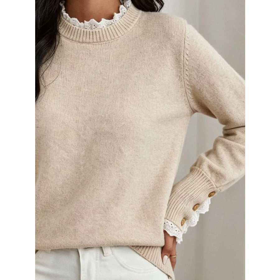 Lace Trim Mock Neck Sweater Apparel and Accessories