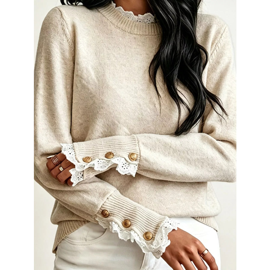 Lace Trim Mock Neck Sweater Apparel and Accessories