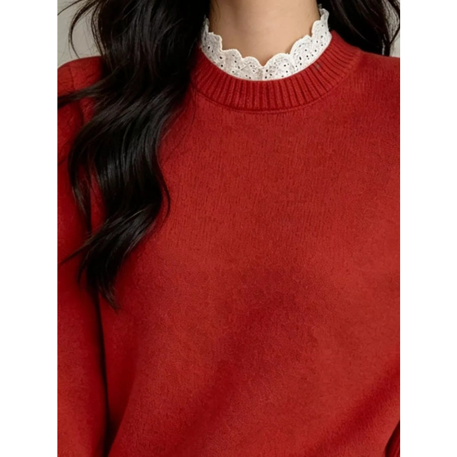 Lace Trim Mock Neck Sweater Apparel and Accessories