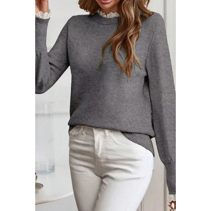 Lace Trim Mock Neck Sweater Apparel and Accessories