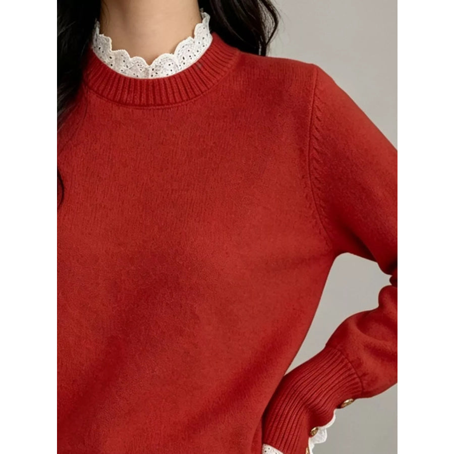 Lace Trim Mock Neck Sweater Apparel and Accessories