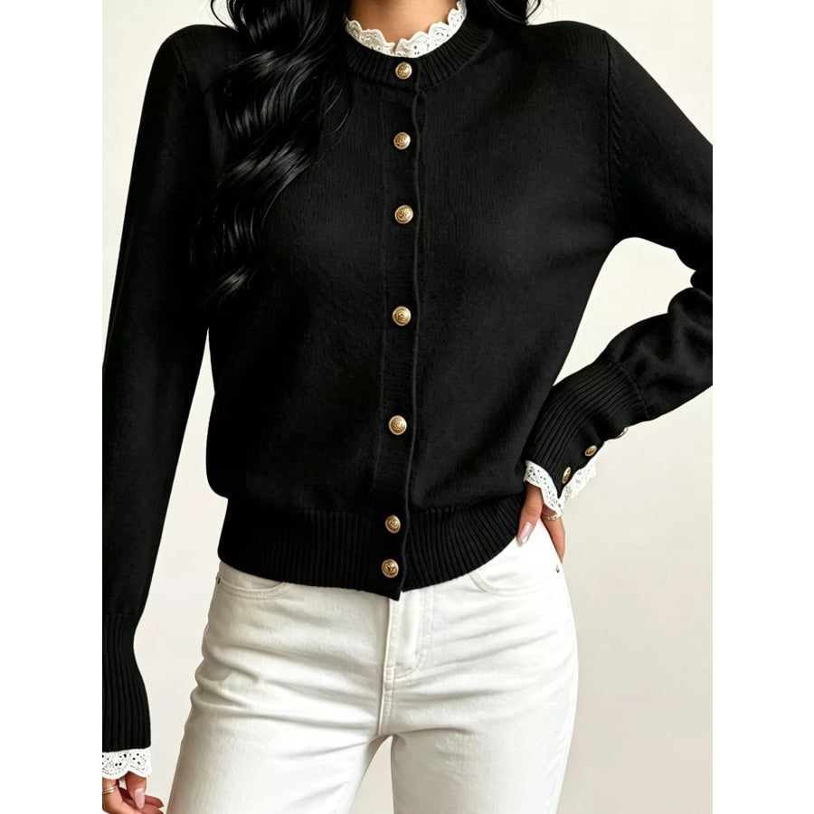 Lace Trim Mock Neck Sweater Black / S Apparel and Accessories