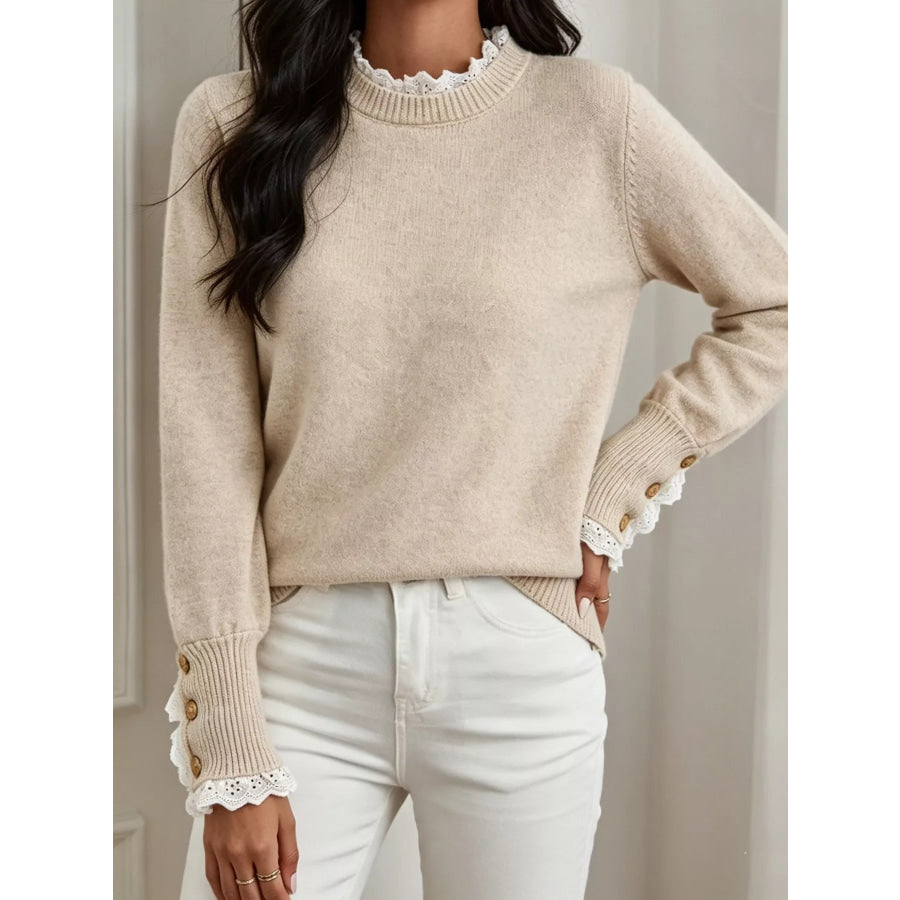 Lace Trim Mock Neck Sweater Cream / S Apparel and Accessories