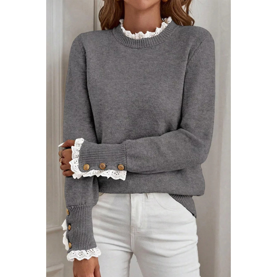 Lace Trim Mock Neck Sweater Dark Gray / S Apparel and Accessories