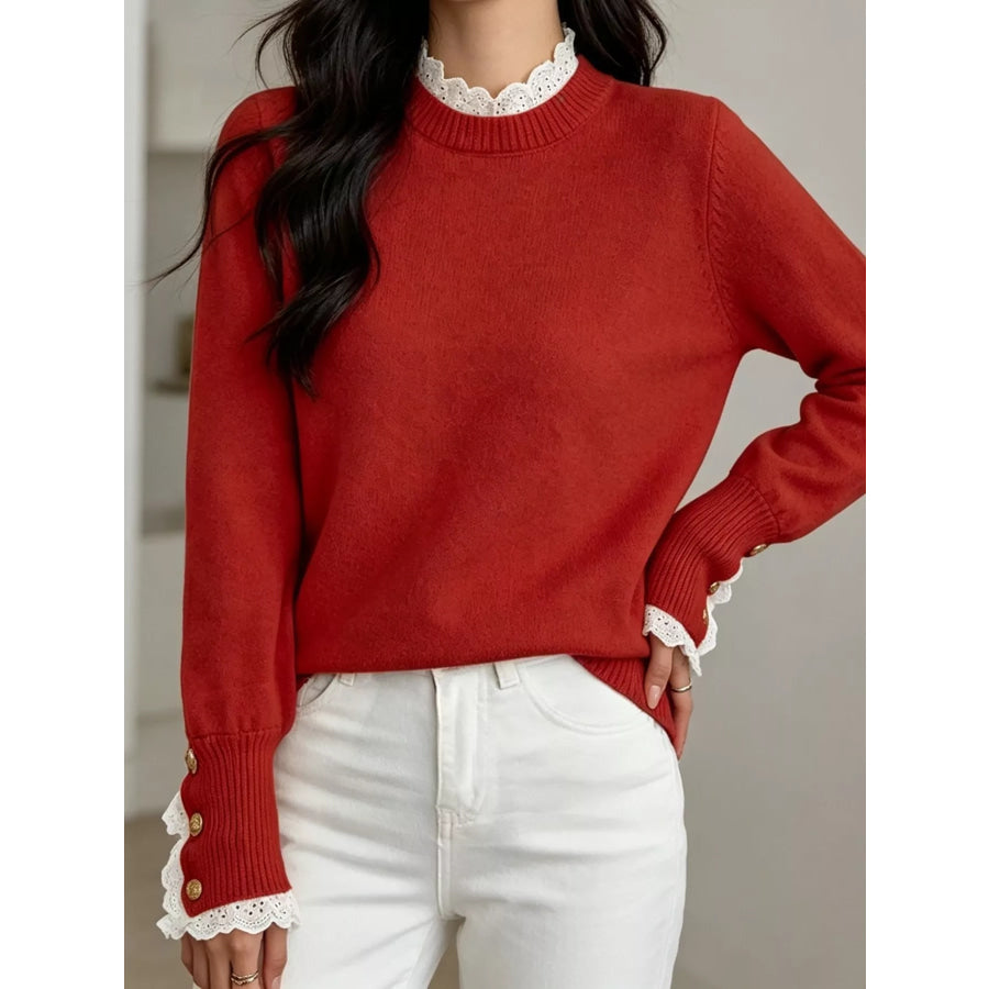 Lace Trim Mock Neck Sweater Red / S Apparel and Accessories