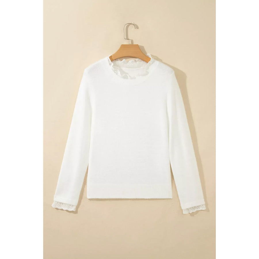 Lace Trim Neck Cuff Patchwork Long Sleeve Pullover Sweater Apparel and Accessories