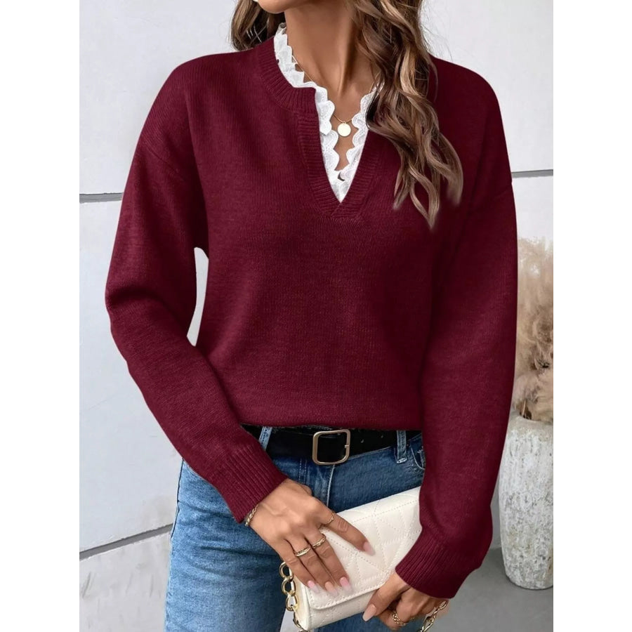 Lace Trim Notched Long Sleeve Sweater Apparel and Accessories