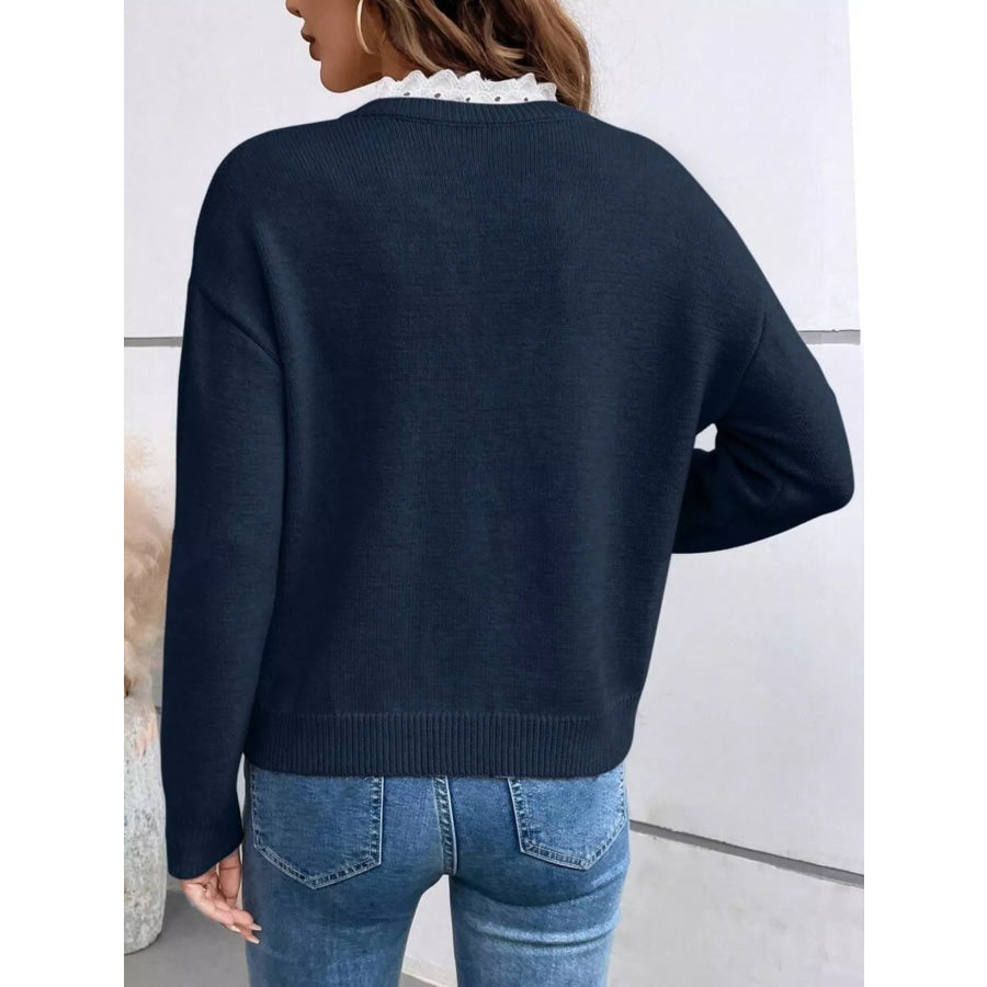 Lace Trim Notched Long Sleeve Sweater Apparel and Accessories