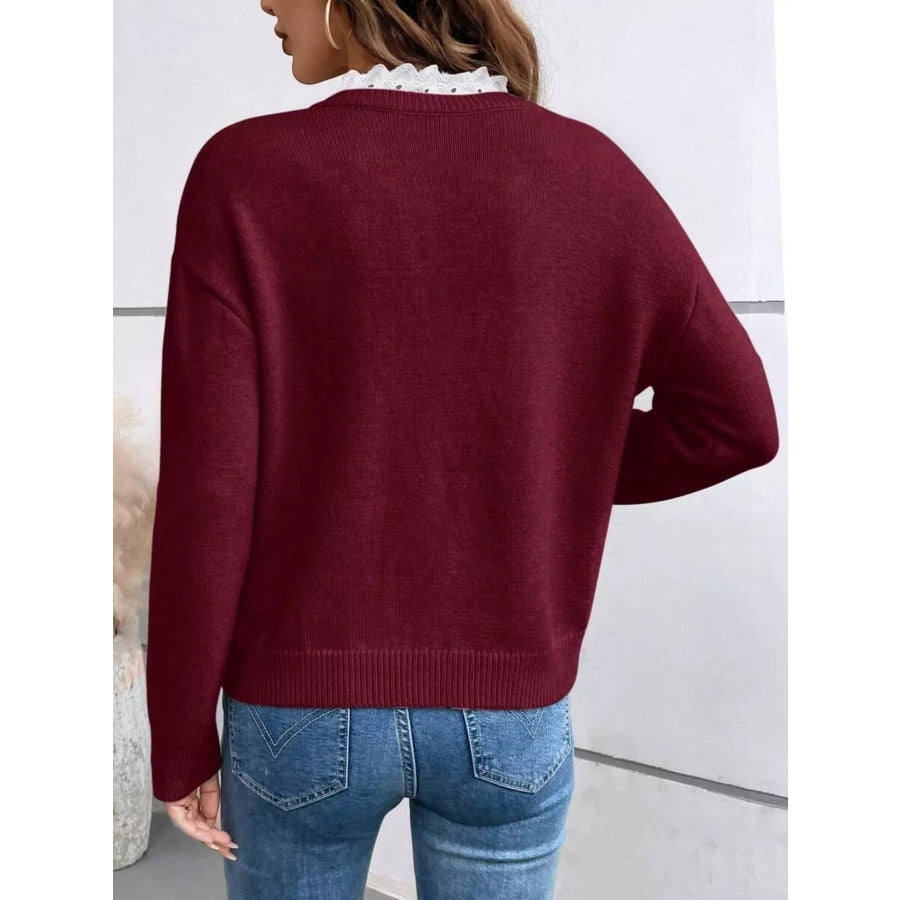 Lace Trim Notched Long Sleeve Sweater Apparel and Accessories