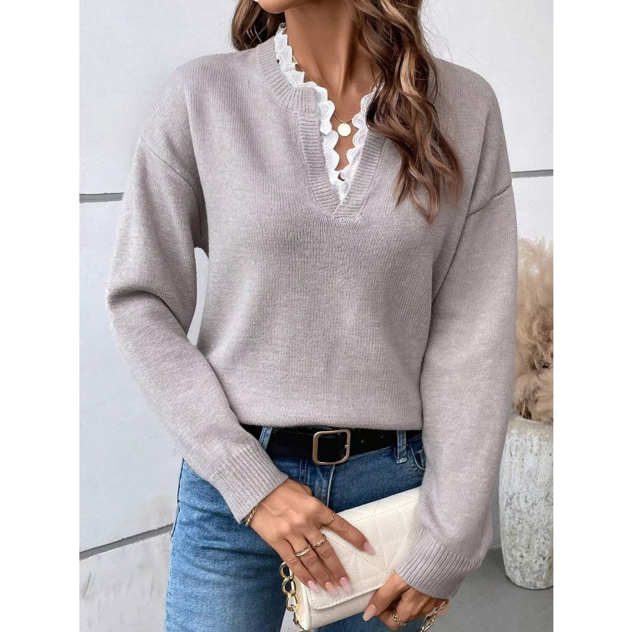 Lace Trim Notched Long Sleeve Sweater Apparel and Accessories