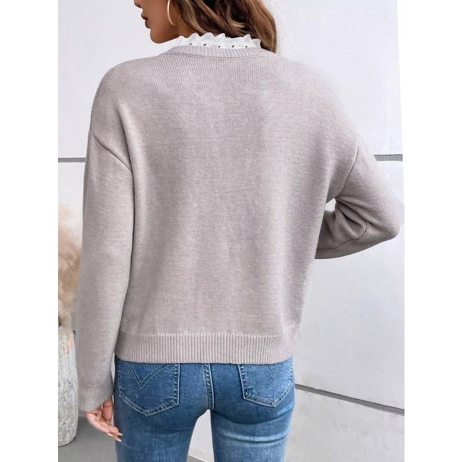 Lace Trim Notched Long Sleeve Sweater Apparel and Accessories