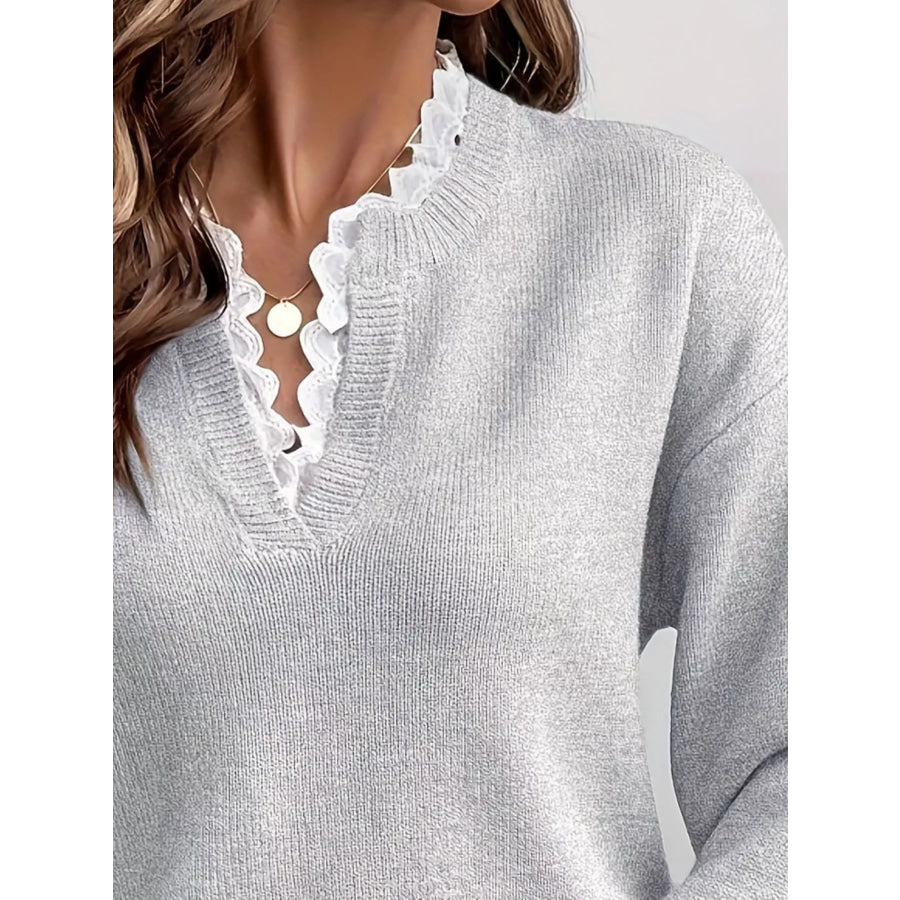 Lace Trim Notched Long Sleeve Sweater Apparel and Accessories