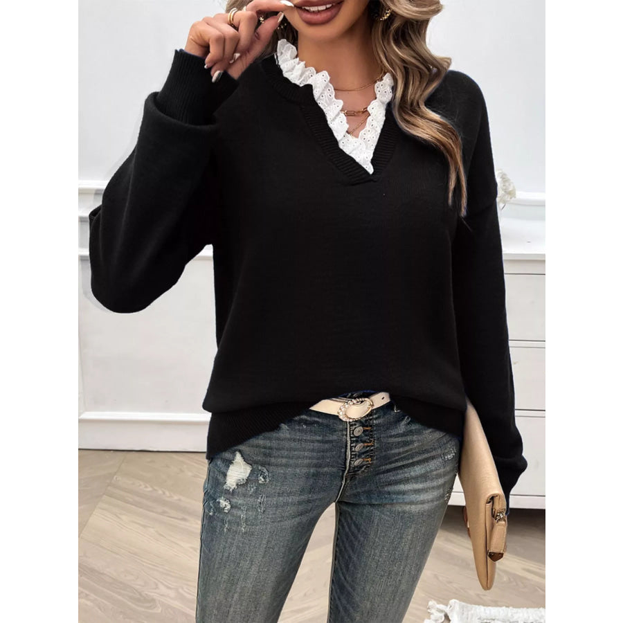 Lace Trim Notched Long Sleeve Sweater Apparel and Accessories