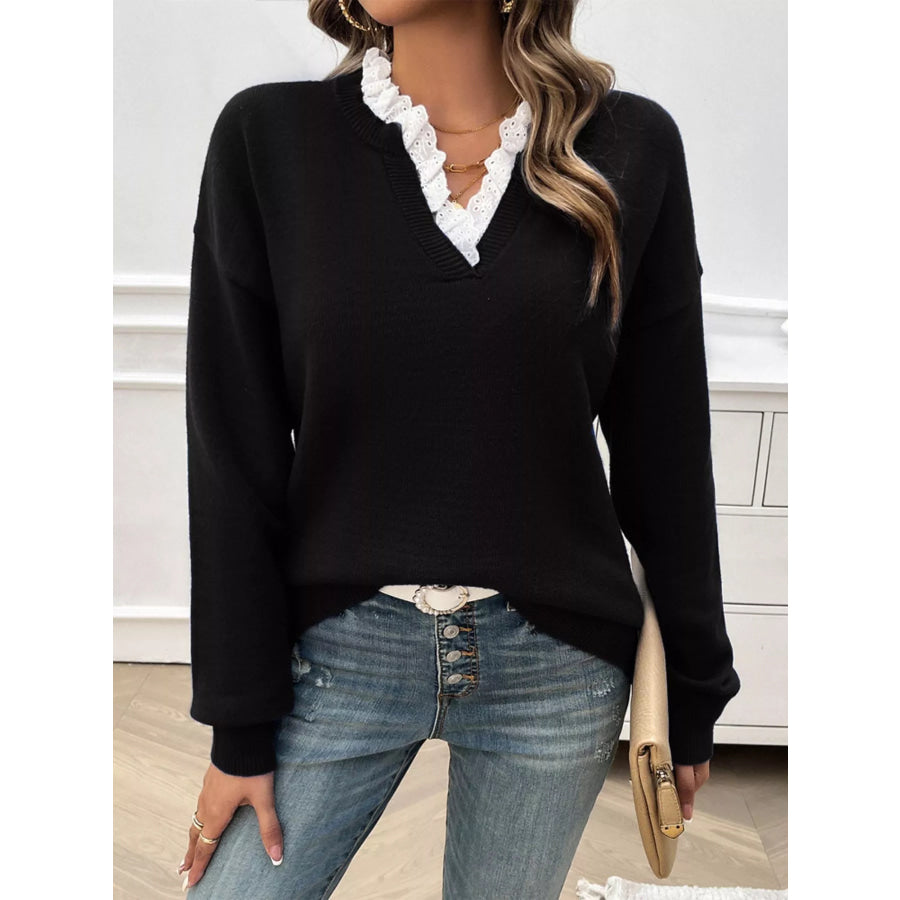 Lace Trim Notched Long Sleeve Sweater Apparel and Accessories