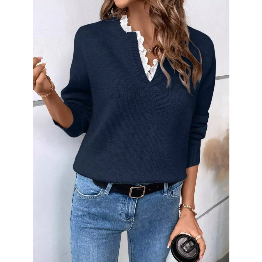Lace Trim Notched Long Sleeve Sweater Apparel and Accessories