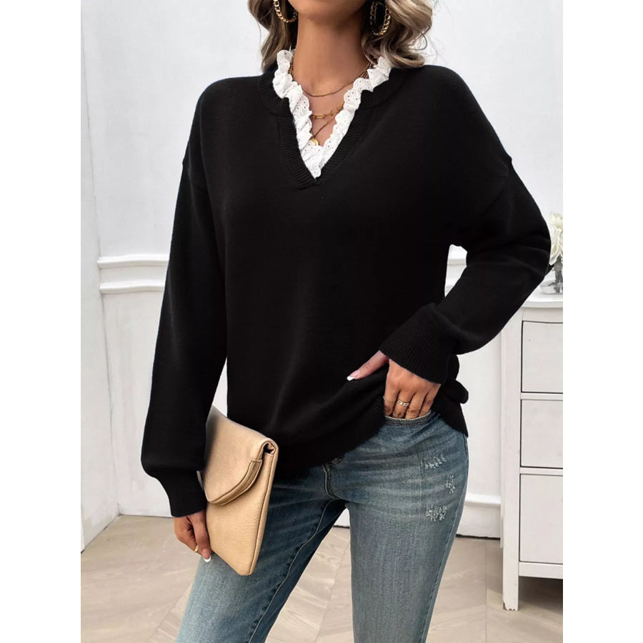 Lace Trim Notched Long Sleeve Sweater Black / S Apparel and Accessories
