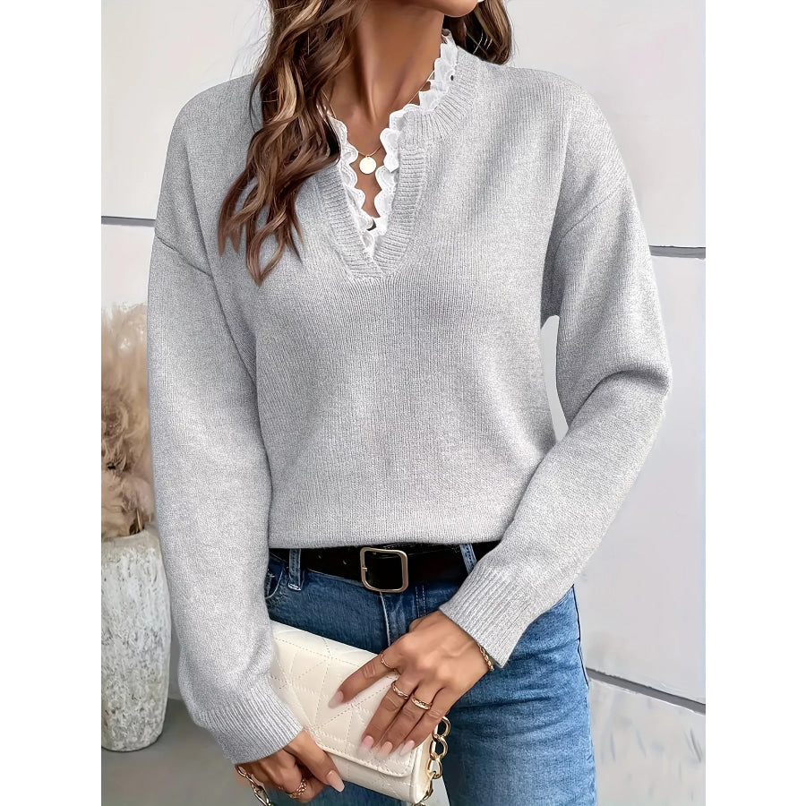 Lace Trim Notched Long Sleeve Sweater Light Gray / S Apparel and Accessories