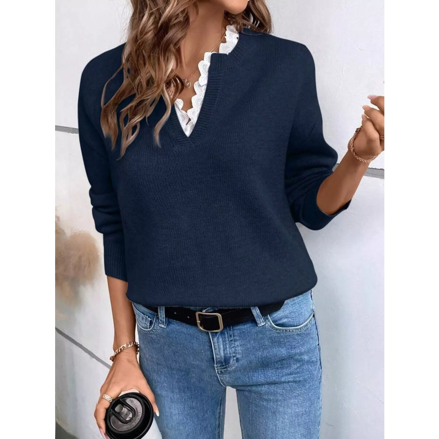 Lace Trim Notched Long Sleeve Sweater Navy / S Apparel and Accessories