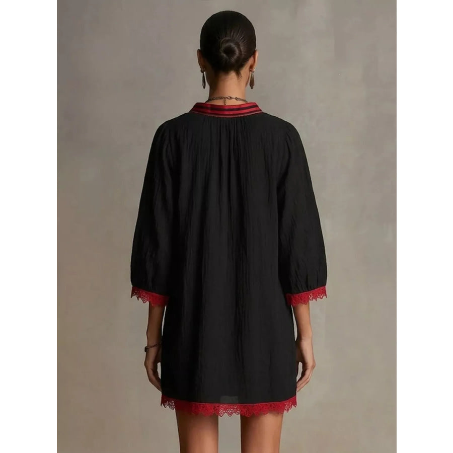 Lace Trim Notched Mini Dress Apparel and Accessories