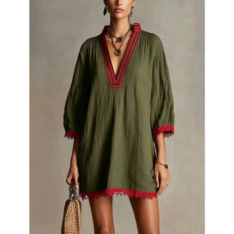Lace Trim Notched Mini Dress Army Green / S Apparel and Accessories