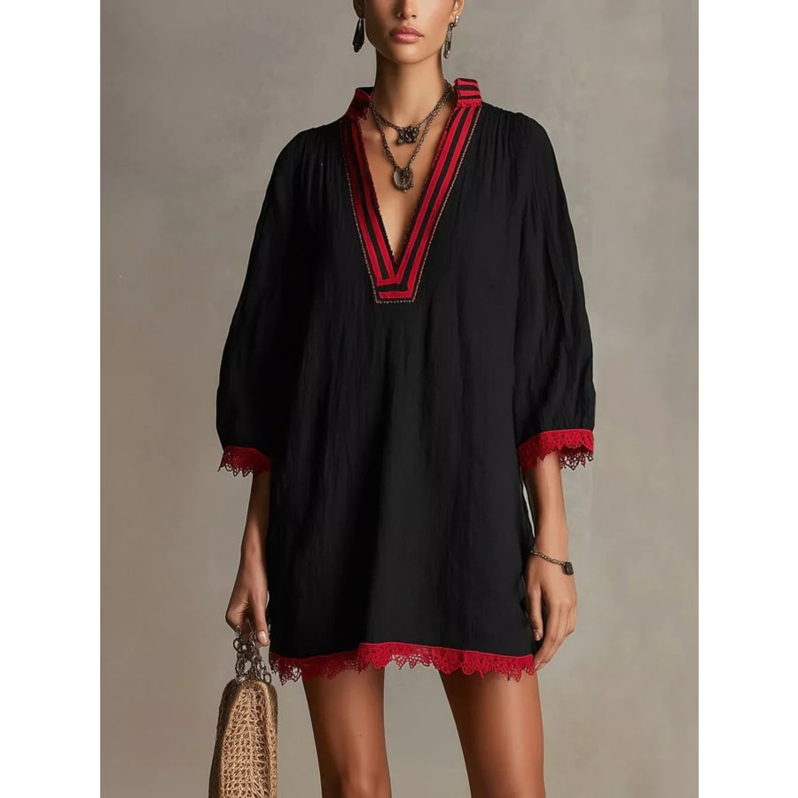 Lace Trim Notched Mini Dress Black / S Apparel and Accessories