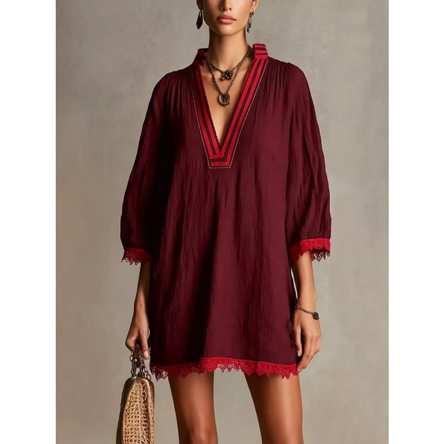 Lace Trim Notched Mini Dress Wine Red / S Apparel and Accessories