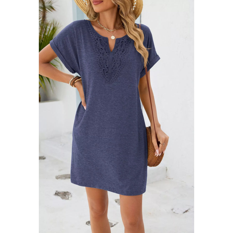 Lace Trim Notched Short Sleeve Dress Apparel and Accessories